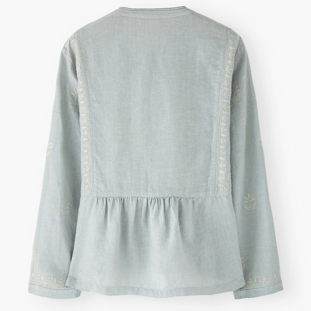 Light blue denim jacket with lace trim on a white background