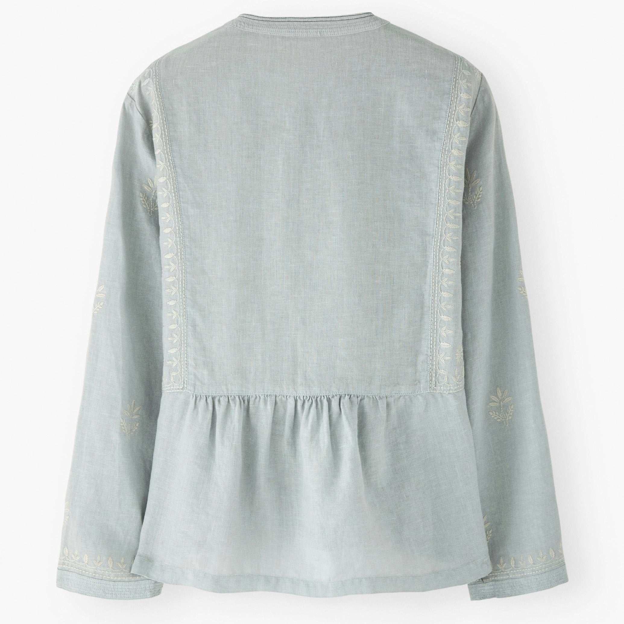 Light blue denim jacket with lace trim on a white background