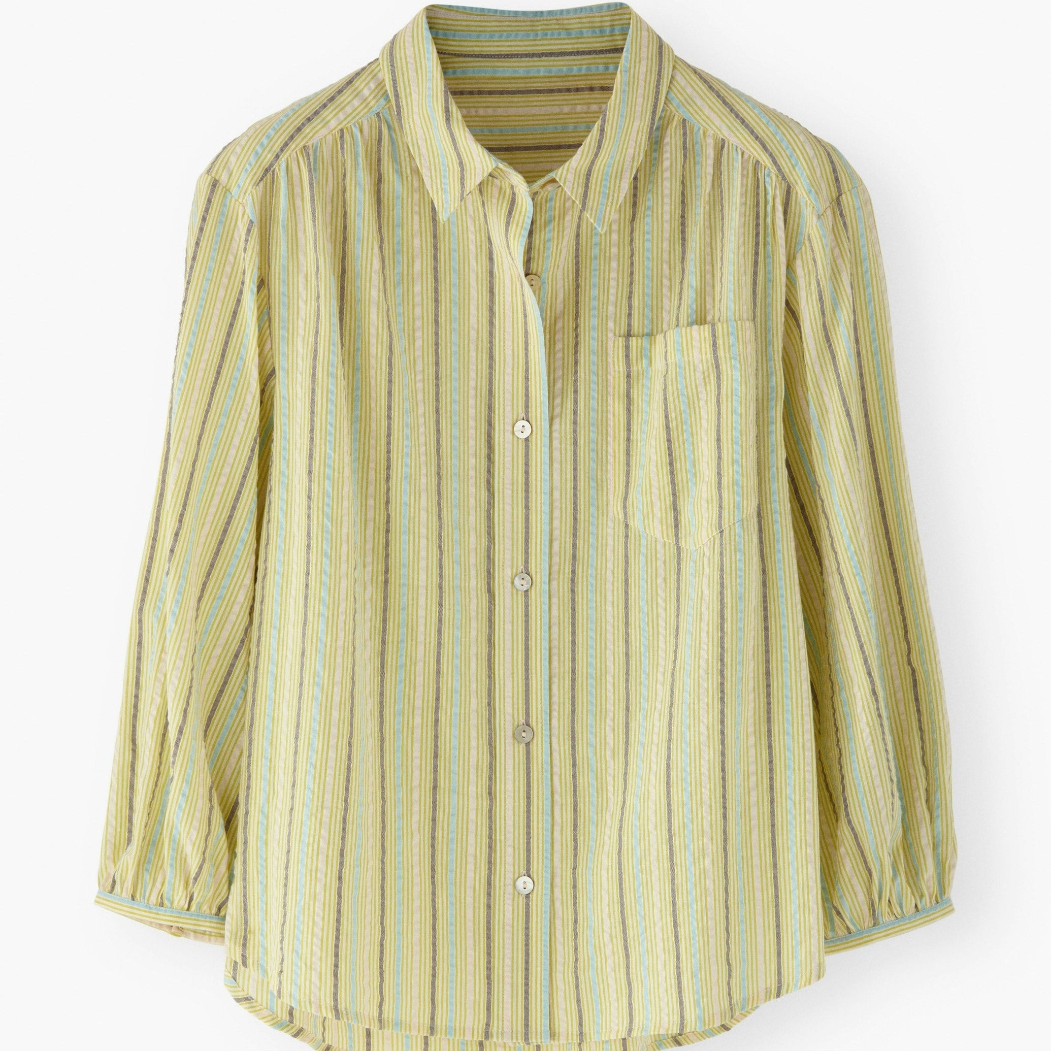 Light green striped long sleeve shirt with a collar