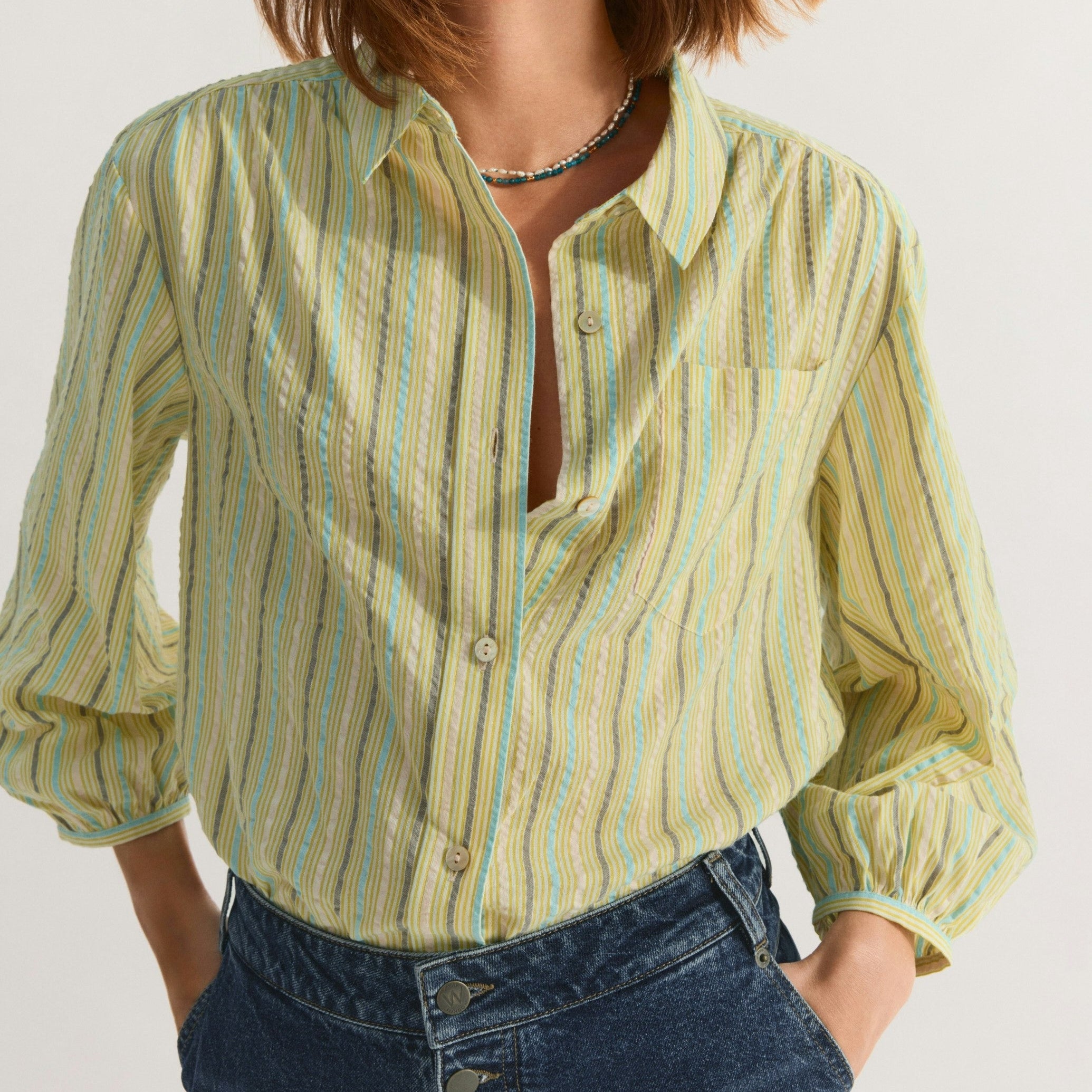 Light green striped long sleeve shirt with a collar