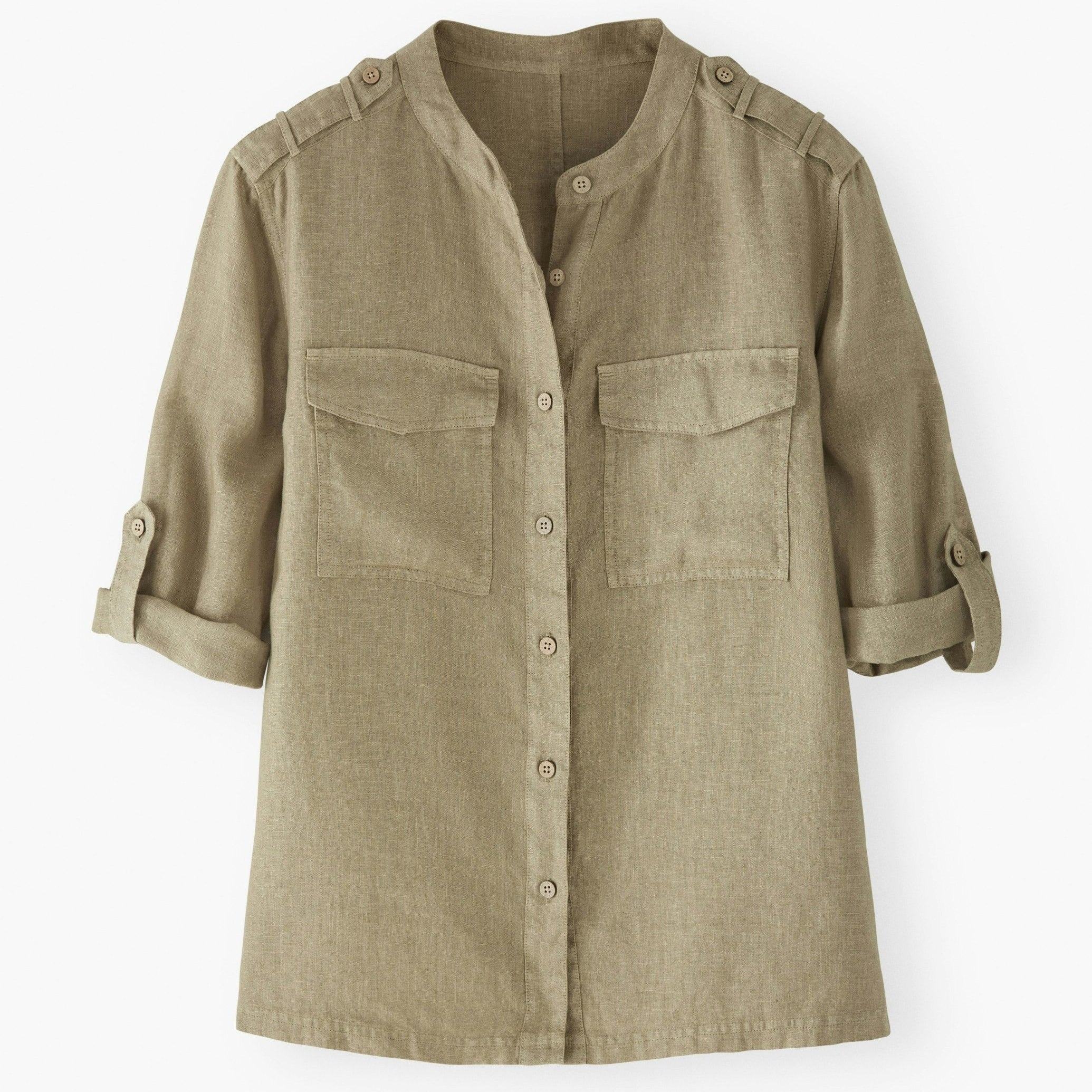 Khaki shirt with rolled-up sleeves on a white background